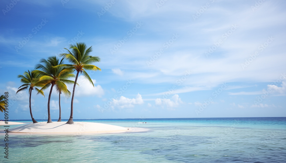 Fototapeta premium A picturesque tropical seascape with swaying palm trees, pristine white sand, and crystal-clear ocean water