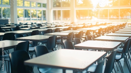 Empty school cafeteria tables during off-peak hours, a serene moment of reflection on the passage of time and the transient nature of youth.