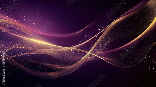 Luxury curve golden lines on dark purple background with lighting effect