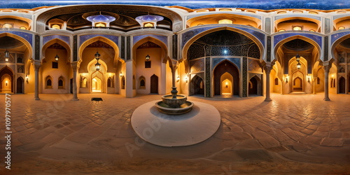 Full 360 degrees seamless spherical panorama HDRI equirectangular projection of An opulent Arabian palace. Texture environment map for lighting and reflection source rendering 3d scenes.