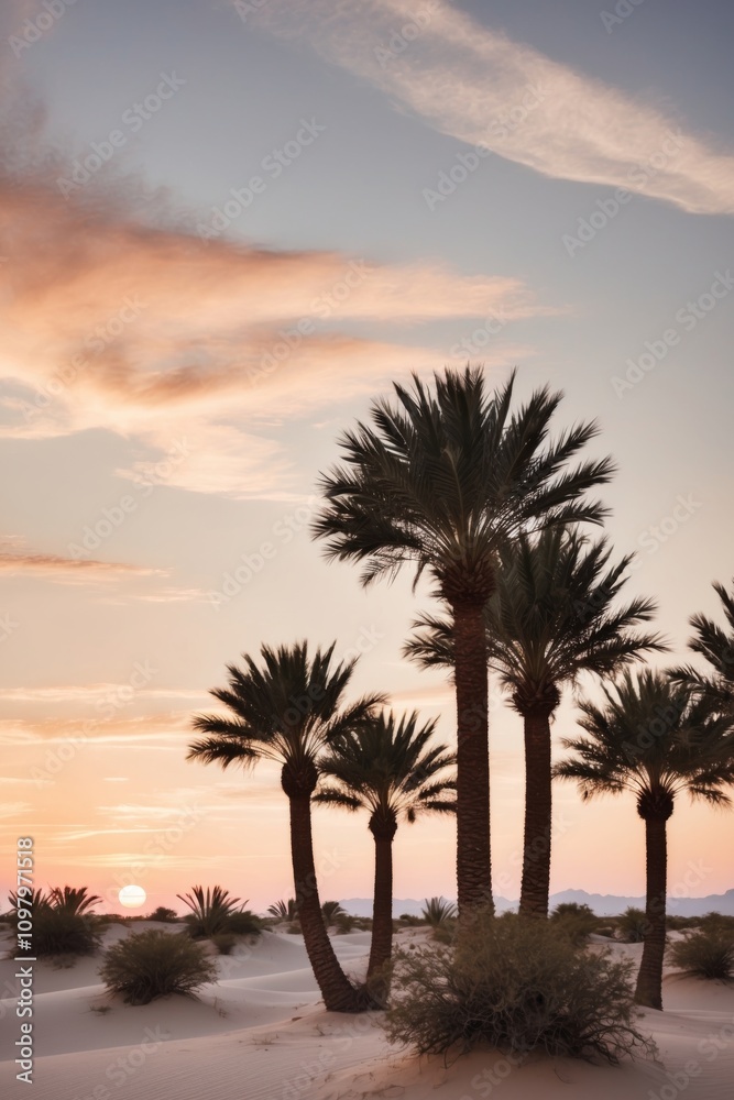 Obraz premium Scenic Desert Oasis with Palm Trees at Sunset.