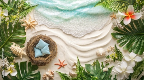 Beach Nest with Flowers and Shells