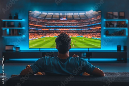 Back view of a young man relaxing on couch watching soccer game on big television screen at home photo