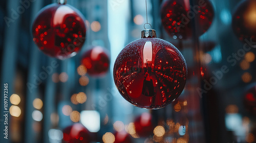 Red Christmas ornaments decorate a city street during the holiday season photo