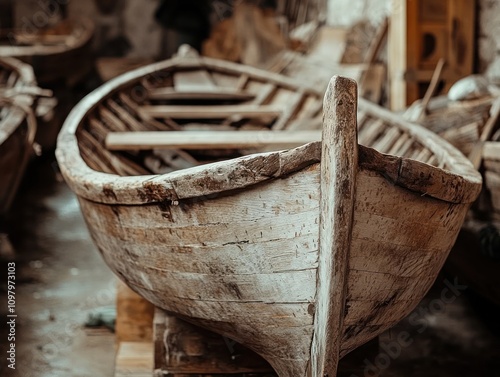 Historical boat building techniques, where wooden vessels are crafted using ancient methods photo