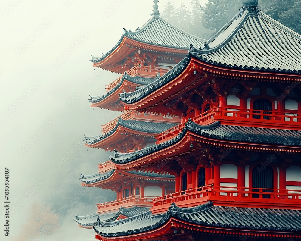 Fototapeta premium Traditional Japanese Pagoda with Intricate Curved Roofs and Cultural Heritage Isolated on White Background