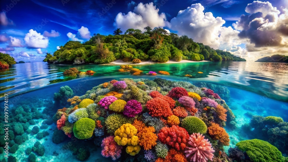 Naklejka premium Stunning Double Exposure Photography of Vibrant Coral Reefs from Above Merging with Lush Tropical Landscapes, Capturing the Beauty of Ocean Ecosystems and Nature's Wonders