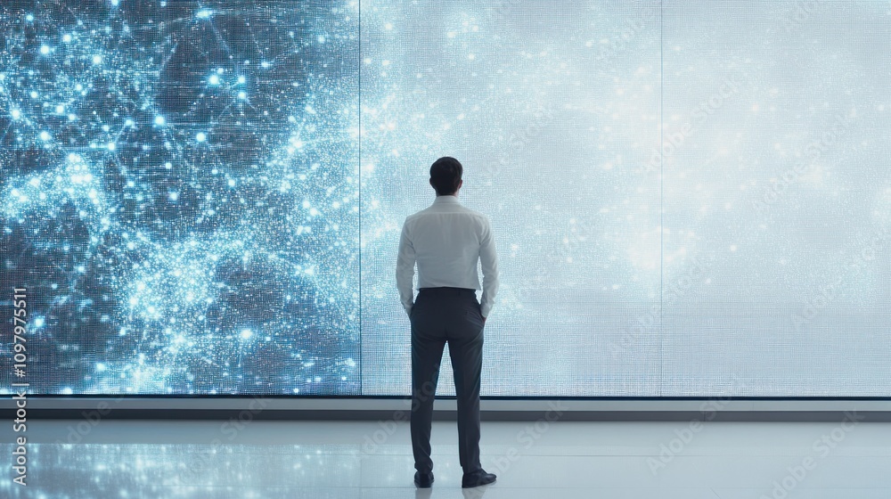 Fototapeta premium confidently in front of a large digital screen displaying quantum AI models and analytics