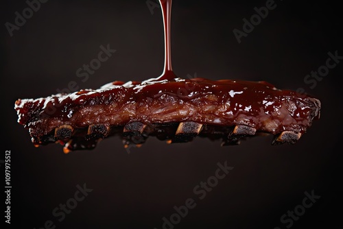 Tender ribs with barbecue sauce dripping mid-air on a minimalist dark background