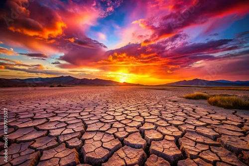 Stunning Landscape of Dried Cracked Earth in a Field at Sunset, Capturing Nature's Beauty and Resilience with Vibrant Hues of Orange and Purple in the Sky