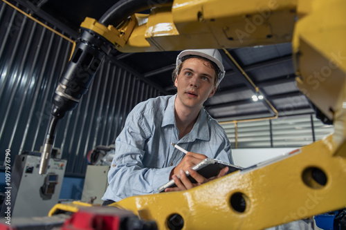 Engineer standing by robotic arm and operating machine in industry factory, technician worker check for repair maintenance electronic operation