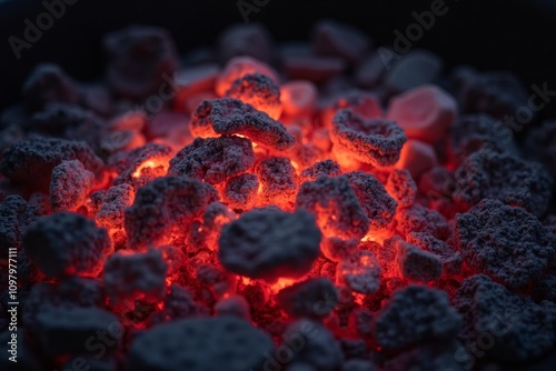 Detailed close-up of glowing charcoal and embers radiating heat for bonfire night and Lori festivities