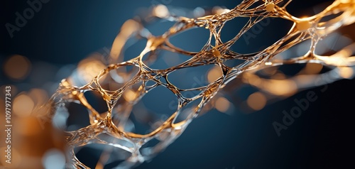 A close-up of a delicate, web-like structure with intricate patterns, showcasing shimmering details against a dark backdrop.