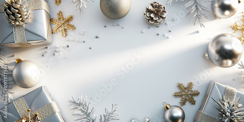 Festive white Christmas scene with sparkling silver decor and gifts photo