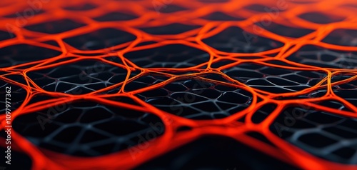 A close-up view of an intricate network with red and black patterns, resembling cellular structures or modern design elements.