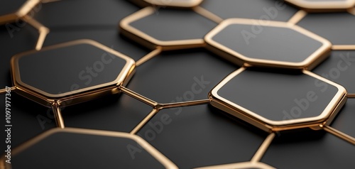 A close-up of hexagonal shapes with gold edges against a dark background, emphasizing a modern, geometric design.