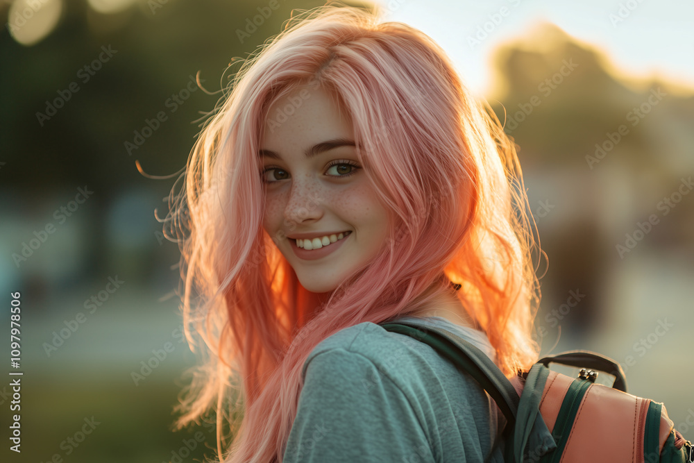 Young Pretty pink-haired girl at outdoors with a student backpack Young Pretty pink-haired girl at outdoors with a student backpack