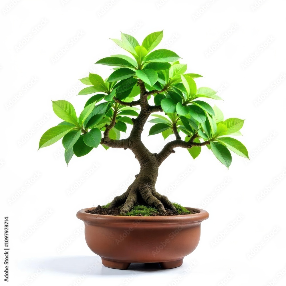 Obraz premium A bonsai tree with green leaves and a brown trunk in a simple pot on white background