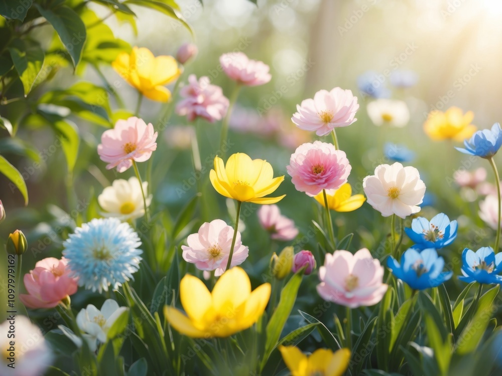 Colorful flowers blooming in spring garden with soft sunlight.