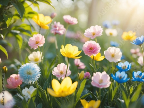 Colorful flowers blooming in spring garden with soft sunlight.