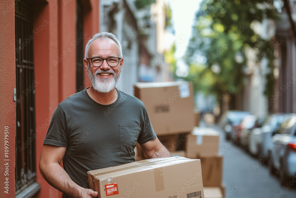 Middle aged man at outdoor among boxes Middle aged man at outdoor among boxes