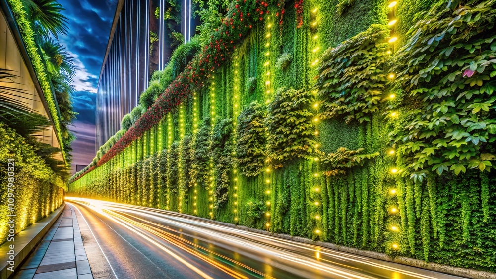 Naklejka premium AI Vertical Garden Wall Long Exposure, Modern Architecture, Urban Jungle
