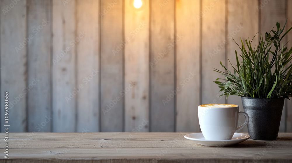Coffee cup sits on a wooden table beside a potted plant and warm ambient light Coffee cup sits on a wooden table beside a potted plant and warm ambient light