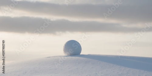 A Single Snowball Rests on a Snowy Hill Under a Cloudy Sky. photo