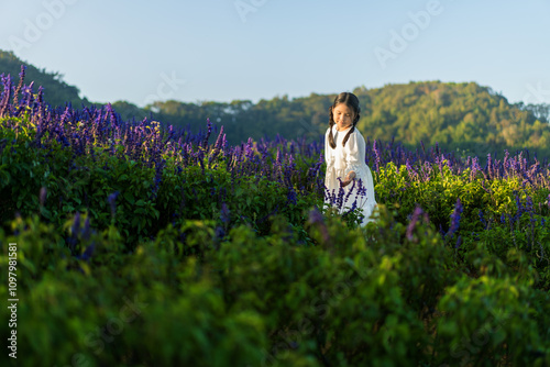 flower garden and asian child or kid girl standing looking many fresh flowers to happy smile on beautiful blue violet in nature field on holiday travel and mountain sky view at Yingyong flower garden