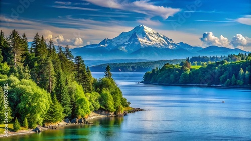 Stunning Vashon Island View with Lush Greenery, Serene Waters, and Majestic Mountains Under a Clear Blue Sky Perfect for Nature Lovers and Scenic Photography photo