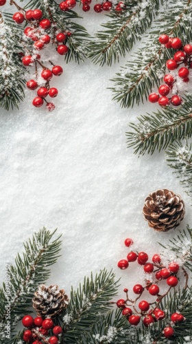 Christmas border with pine branches red berries and snow flat lay
