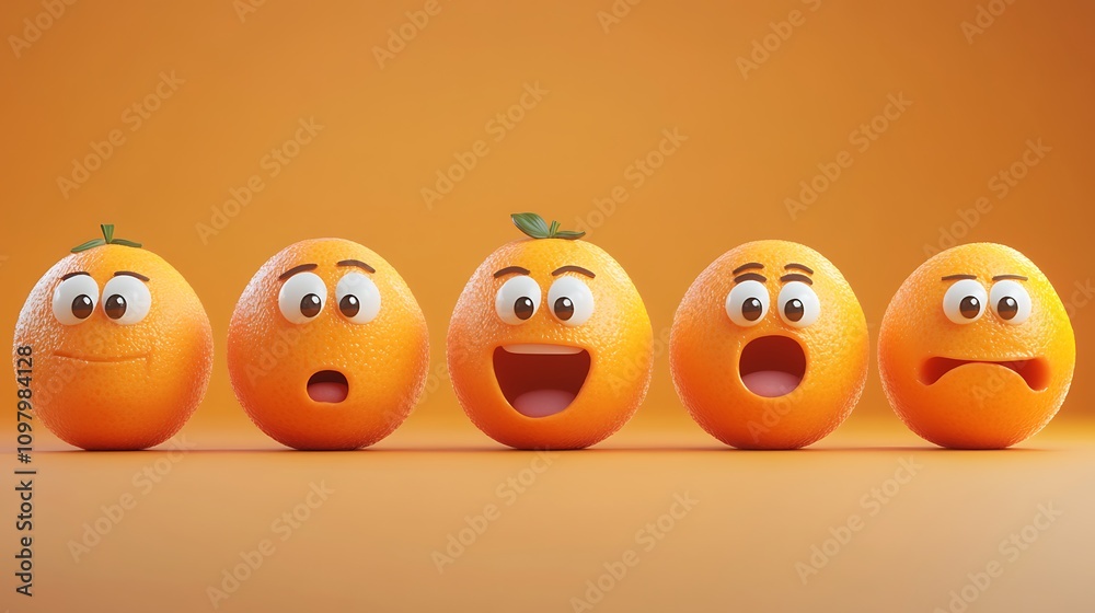 Five Orange Fruits Displaying Various Emotions Five Orange Fruits Displaying Various Emotions