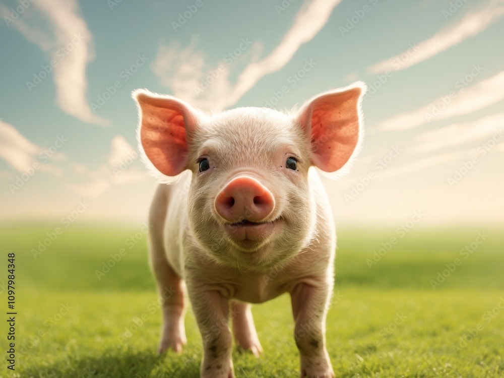 A piglet looks directly at the camera with a cheerful expression in a field on a sunny day. A piglet looks directly at the camera with a cheerful expression in a field on a sunny day.
