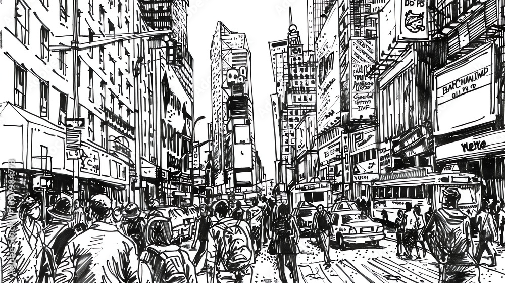 Obraz premium A black and white sketch of Times Square in New York City.