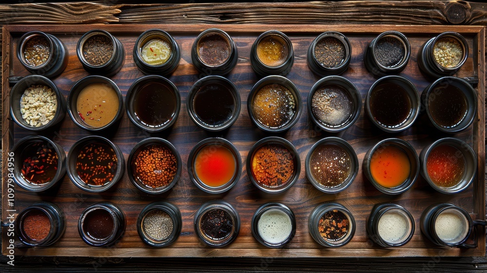 A beautifully arranged assortment of sauces and condiments in small bowls on a wooden tray, perfect for culinary presentations, recipe books, food blogs A beautifully arranged assortment of sauces and condiments in small bowls on a wooden tray, perfect for culinary presentations, recipe books, food blogs