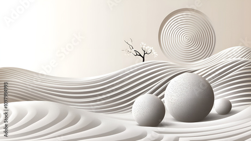 Abstract landscape featuring textured spheres and wavy patterns with a minimalistic tree, soft color palett photo