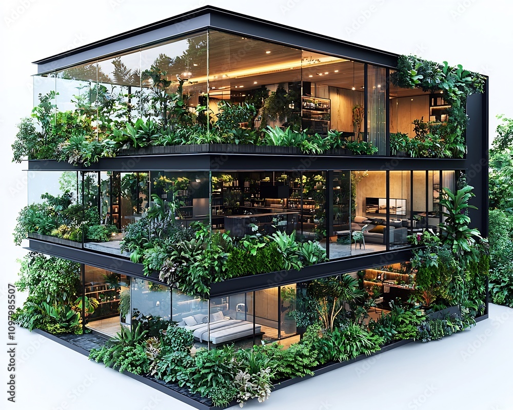 Fototapeta premium Sleek Modern Glass Pavilion with Transparent Roof and Lush Indoor Greenery on White Backdrop