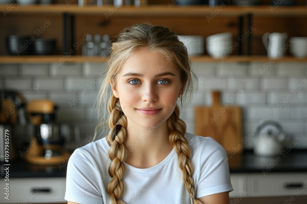 Smiling caucasian young girl with long blonde braids in kitchen interior. Neural network ai generated art Smiling caucasian young girl with long blonde braids in kitchen interior. Neural network ai generated art