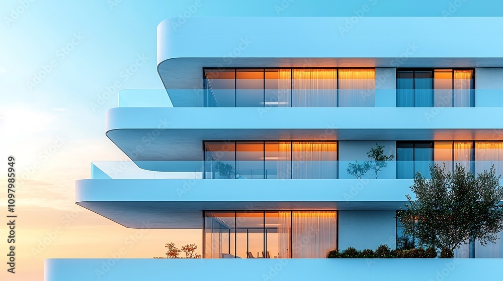 Obraz premium Luxurious Modern Hotel Building with Glass Balconies and Rooftop Pool on White Background