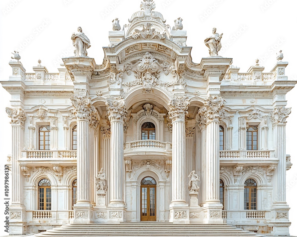 Fototapeta premium Grandiose Ornate Opera House Facade with Intricate Sculptures and Arched Windows on White Background