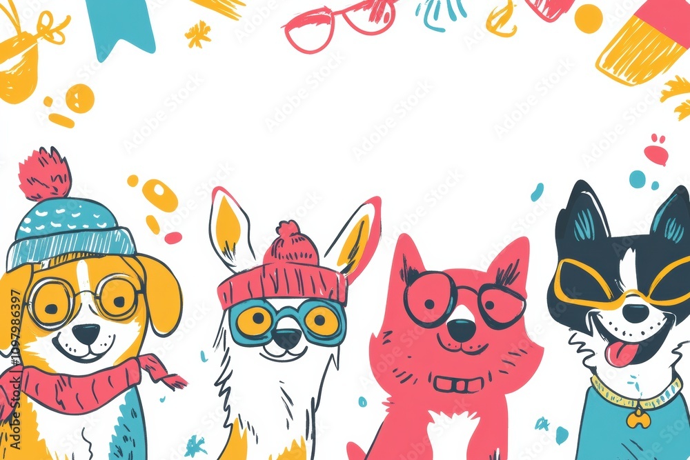 Fototapeta premium Four colorful doodle dogs exhibit their playful personalities while wearing fun accessories like glasses and hats in a cheerful setting. Generative AI