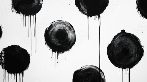 Multiple black ink circles with visible drips, forming a minimalist abstract pattern on white