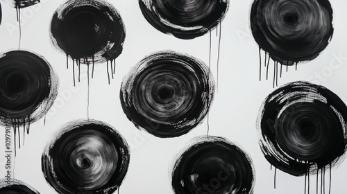 Multiple black ink circles with visible drips, forming a minimalist abstract pattern on white