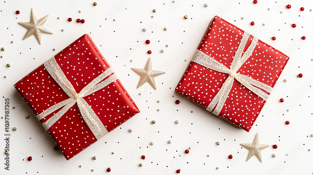Obraz premium Red Gift Boxes with Gold Stars: A minimalist festive arrangement featuring two red gift boxes adorned with white ribbon and polka dots, scattered amidst shimmering gold stars.