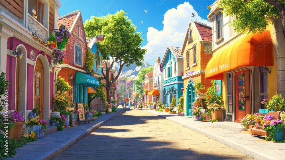 Naklejka premium Sunny street, colorful houses.