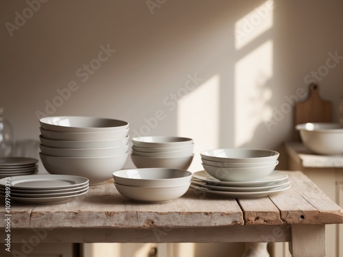 Wallpaper Mural Set of clean dishes on wooden table in kitchen. Torontodigital.ca