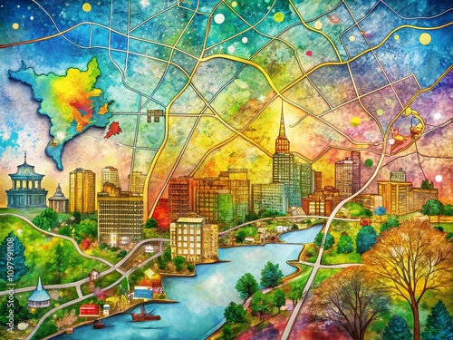 Surreal Representation of Arlington County, Virginia: A Dreamlike Scribble Sketch Map Illustration Blending Reality with Imagination in Vibrant Colors and Unique Perspectives photo