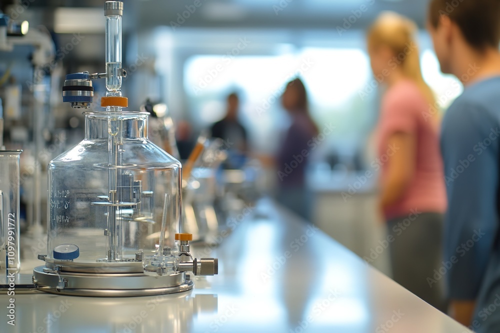 Modern lab equipment, scientists in background Modern lab equipment, scientists in background