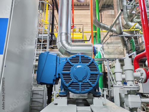 Modern industrial equipment at plant, vibrant machinery in action