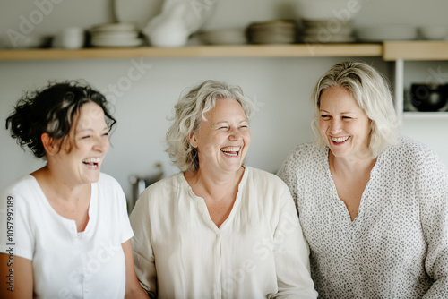 Three middle-aged women laughing together in the kitchen, wearing white in Scandinavian style, minimalist interior, good times with friends. Friendship, joy, support, mental health in older age.